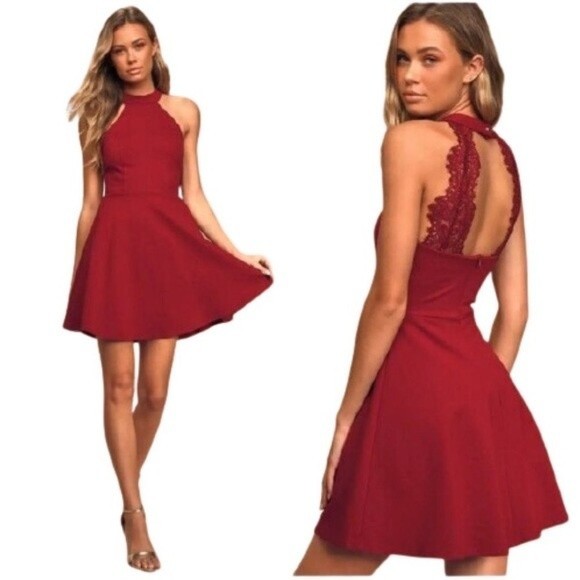 Lulus size Medium Hometown Girl Wine Red Lace Skater Dress Lulu’s NWT - Picture 3 of 3